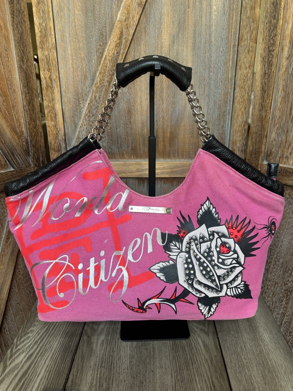Ed Hardy Vintage Y2K World Citizen Pink Canvas Rhinestones Embroidered Purse - Picture 2 of 16